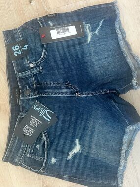 Silver Jeans Dark Indigo Frayed Denim Cutoff Shorts